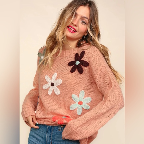 Peach Soft Fuzzy Lightweight Knit Sweater with Floral Knitted Details, Crew Neck - Picture 8 of 13
